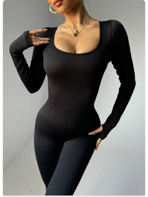 Women's Long Sleeve Yoga Jumpsuit – Ribbed Seamless One-Piece Bodysuit for Workout, Slim & Sexy Fitness Outfit